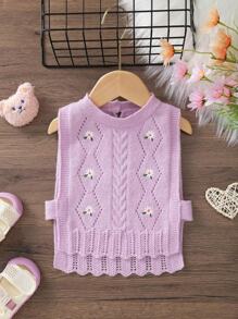 Infant Sleeveless Floral Embroidered Hollow-Out Knit Cardigan