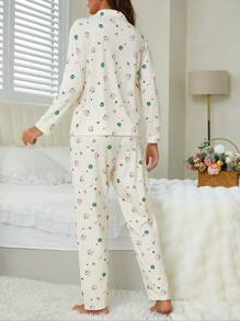 Set de 2 piezas para mujer de camisa casual con cuello vuelto y botones, con estampado de elementos navideños y pantalones sueltos y cómodos - Pijama/Ropa de estar en casa/Adecuado para Navidad, otoño/invierno