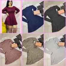 Vestido Corto de Vuelo Abajo Tipo A Tela Suéter Manga Larga de Cuello Redondo para Mujer Dama Sexy de Moda, Vestidos de Noche Elegantes. - Negro - Ver 2