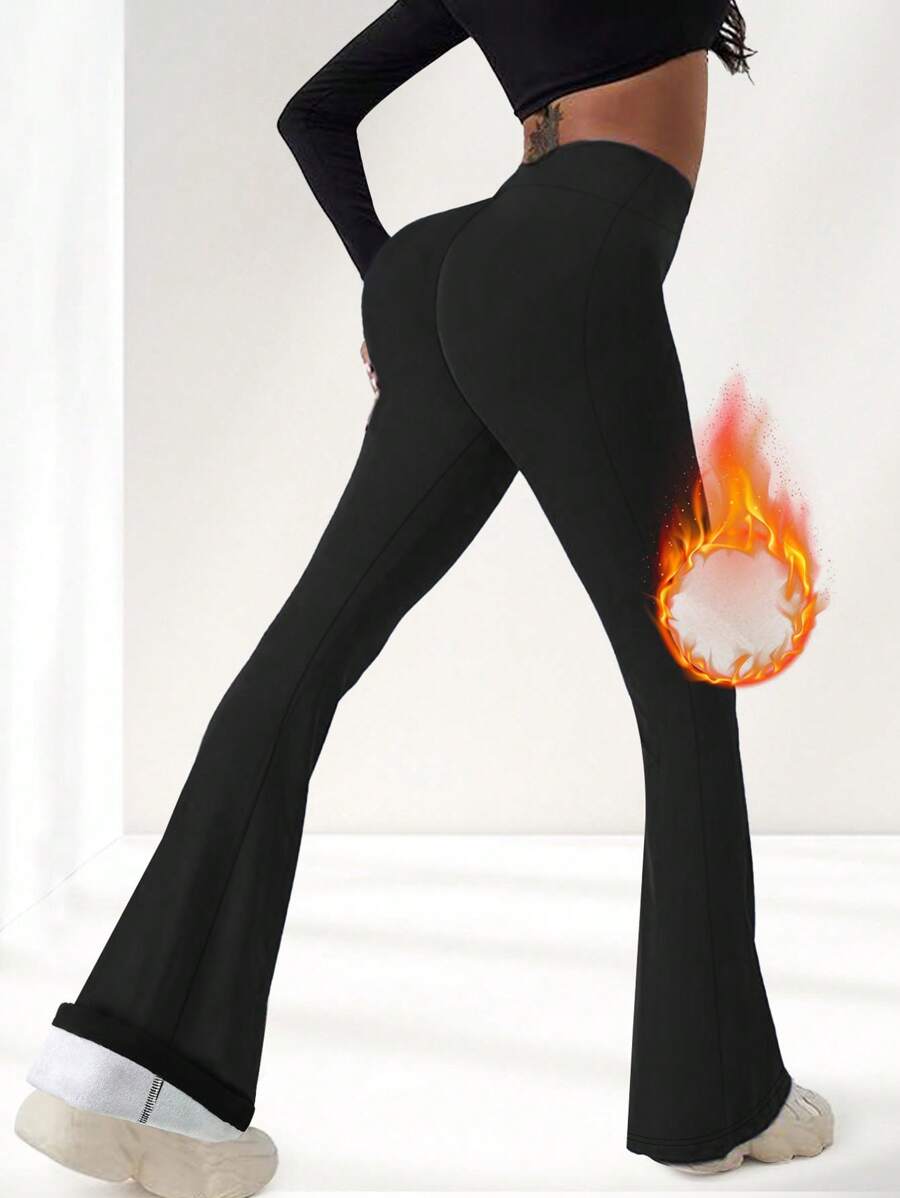 Women High Waisted Flared Pants, Solid Color Elastic Waist Thick Thermal Lined Leggings, For Autumn/Winter