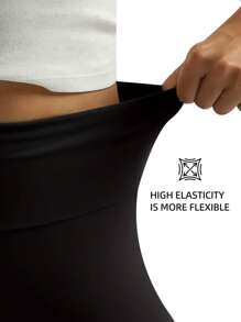 Women High Waisted Flared Pants, Solid Color Elastic Waist Thick Thermal Lined Leggings, For Autumn/Winter - Black - View 6