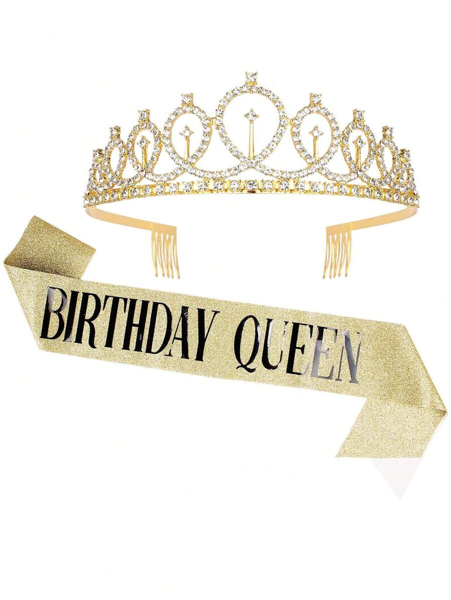 女士生日皇冠头饰套装，包含生日绶带和水钻头饰，生日皇冠，生日头饰装饰，生日礼物 - 金色生日女王肩帶和皇冠 - 查看 1