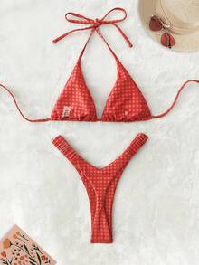 PEPPERMOLLY 新款格子柔软露背系带比基尼，女士夏季沙滩时尚泳装套装度假 - 紅色 - 查看 3