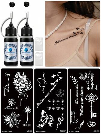 3 件装指甲花花鸟镂空临时纹身模板 + 2 瓶黑汁纹身墨水组合套装，手指、手腕和身体花卉和文字图案，男女防水假纹身