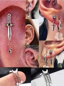 1 pièce Boucle d'oreille pendante de cartilage en titane G23 unicolore avec la forme de la lune, étude, 16G, avec filetage interne, épée, helix, oreille tragus, bijoux de piercing corporel