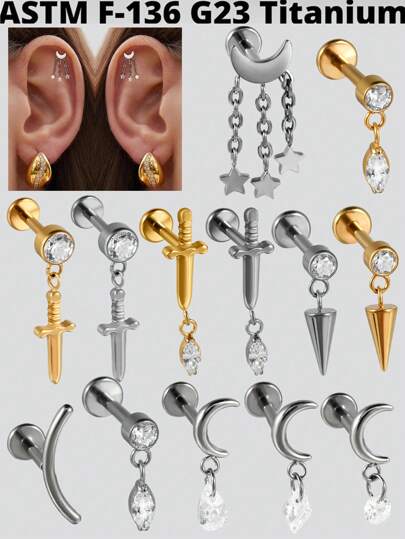 1PC Moon Dangle G23 Solid Titanium Cartilage Earrings Stud 16G Internally Threaded Sword Helix Ear Tragus Body Piercing Jewelry