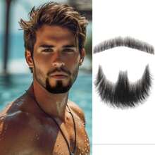 手工山羊胡，蕾丝隐形假胡，适合万圣节装扮、男士化妆、娱乐/戏剧/派对/电影道具（黑色） - 黑色 - 查看 10