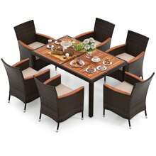 Lifezeal 7 Pieces Outdoor Wicker Dining Set With Acacia Wood Table And 6 Stackable Chairs - 混合棕色 - 查看 2