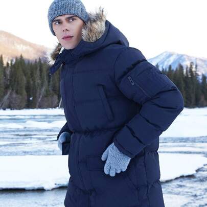 JAWERU Mens Long Winter Coats Warm Water Resistant Jackets Windproof Padded Puffy Coat With Removable Fur Hood