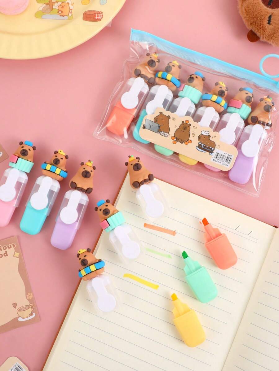 6 peças bonito capivara desenho animado mini fluorescente marcadores ...