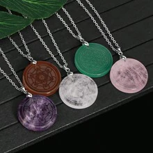 1件圓形天然石水晶吊墜項鍊，雕刻7脈輪、生命之樹與生命之花圖案，水晶項鍊首飾 H256 - Necklace - 查看 6