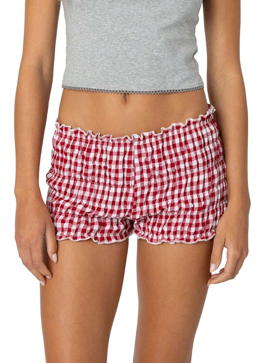 Women Ruffle Plaid Shorts Cute Pettipants Low Waist Ruched Short Pants - 紅色 - 查看 1