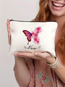 Customizable Butterfly Cosmetic Bag - Durable Polyester, Fashionable Toiletry Pouch, Machine Washable, Foldable, With Zipper Closure, Ideal For Travel And Gifts - Beige - View 2