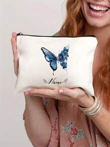 Customizable Butterfly Cosmetic Bag - Durable Polyester, Fashionable Toiletry Pouch, Machine Washable, Foldable, With Zipper Closure, Ideal For Travel And Gifts - Beige - View 5