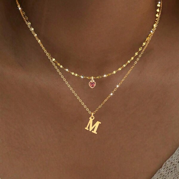 2Pcs/Set Simple Fashion Red Color Heart Crystal Initial Pendant Gold Color Stainless Steel Lip Chain Necklaces For Women Valentines,Mom,Mother,Mother's Day,Gift