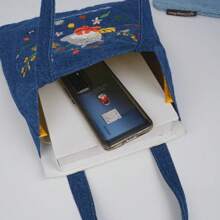 Denim Tote Bag,Black Cat Shopping Bag,Reusable Shoulder Bag,Handmade Fall Winter Bags