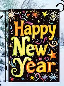 1 件涤纶新年快乐旗帜，霓虹涂鸦风格，适合花园、户外装饰、活动、派对、宠物爱好者 - 彩色 - 查看 1