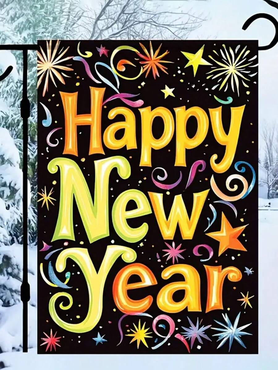 1 件涤纶新年快乐旗帜，霓虹涂鸦风格，适合花园、户外装饰、活动、派对、宠物爱好者 - 彩色 - 查看 1
