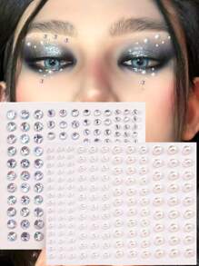 2 件多水钻 3D 全息仿珍珠逼真水晶贴纸，Y2K 女性立体脸部装饰，音乐节、派对礼物，适用于头发、眼睛、脸部、身体 - 彩色 - 查看 3