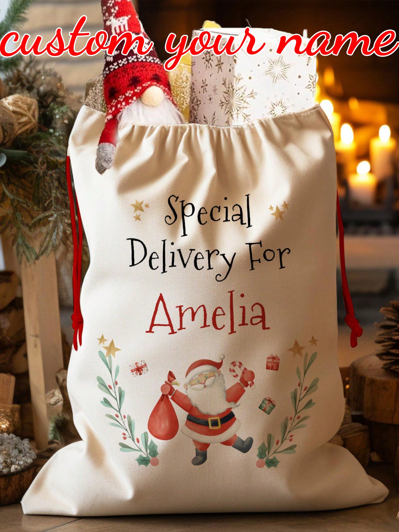 1pc- Custom Large Santa Bag, 15.7 X 23.6 Inch Personalized Christmas Gift Bag, Canvas Santa Bag New Year's Christmas Party Supplies, Draw Large Reusable Christmas Package Storage Holiday Gift Bag, Custom Text Santa Sack, Personalized Monogram Christmas Pattern Draw Large Gift Bag, Merry Christmas Gift