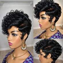 13x4x1 T Part Lace Frontal Wig Pixie Cut Lace Frontal Wigs For Women Brazilian Curly Wavy Virgin Human Hair Lace Front Wigs For Women Short Layered Pixie Wigs For Women