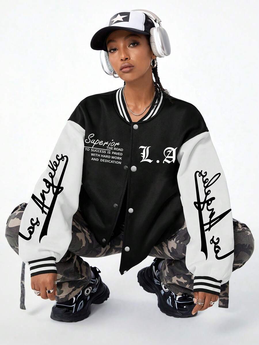 1pc Teens/Girls Loose Fit Fashionable Daily Outdoor Sports Casual Fleece Baseball Jacket, Autumn/Winter