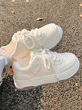 女士镂空设计透气厚底交叉系带休闲运动鞋，校园/运动风格