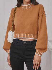 Áo len ngắn tay đèn lồng cổ đứng thả vai viền tương phản cho nữ, mùa thu/đông - Lạc đà - Xem 1