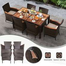 Lifezeal 7 Pieces Outdoor Wicker Dining Set With Acacia Wood Table And 6 Stackable Chairs - 混合棕色 - 查看 5