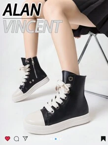 Alan Vincent Black Shoes For Women 2025 Spring New Style Women Boots High-Top Boots Women Lace-Up Zip Flat Boots Party Shoes For Women Daily Wear Ladies Shoes Casual Fashion Sneakers Outdoor Comfort Shoes Can Be Matched With Various Pants Jeans