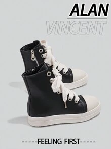 Alan Vincent Black Shoes For Women 2025 Spring New Style Women Boots High-Top Boots Women Lace-Up Zip Flat Boots Party Shoes For Women Daily Wear Ladies Shoes Casual Fashion Sneakers Outdoor Comfort Shoes Can Be Matched With Various Pants Jeans
