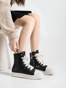 Alan Vincent Black Shoes For Women 2025 Spring New Style Women Boots High-Top Boots Women Lace-Up Zip Flat Boots Party Shoes For Women Daily Wear Ladies Shoes Casual Fashion Sneakers Outdoor Comfort Shoes Can Be Matched With Various Pants Jeans