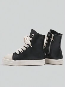 Alan Vincent Black Shoes For Women 2025 Spring New Style Women Boots High-Top Boots Women Lace-Up Zip Flat Boots Party Shoes For Women Daily Wear Ladies Shoes Casual Fashion Sneakers Outdoor Comfort Shoes Can Be Matched With Various Pants Jeans