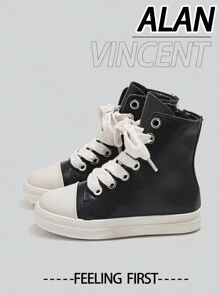 Alan Vincent Black Shoes For Women 2025 Spring New Style Women Boots High-Top Boots Women Lace-Up Zip Flat Boots Party Shoes For Women Daily Wear Ladies Shoes Casual Fashion Sneakers Outdoor Comfort Shoes Can Be Matched With Various Pants Jeans
