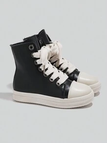 Alan Vincent Black Shoes For Women 2025 Spring New Style Women Boots High-Top Boots Women Lace-Up Zip Flat Boots Party Shoes For Women Daily Wear Ladies Shoes Casual Fashion Sneakers Outdoor Comfort Shoes Can Be Matched With Various Pants Jeans