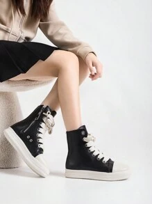 Alan Vincent Black Shoes For Women 2025 Spring New Style Women Boots High-Top Boots Women Lace-Up Zip Flat Boots Party Shoes For Women Daily Wear Ladies Shoes Casual Fashion Sneakers Outdoor Comfort Shoes Can Be Matched With Various Pants Jeans