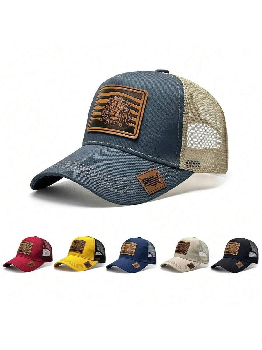 1pc Prairie Series, Retro Leather Label Lion Pattern, Showing Strength And Majesty, Fashionable Outdoor Baseball Mesh Cap