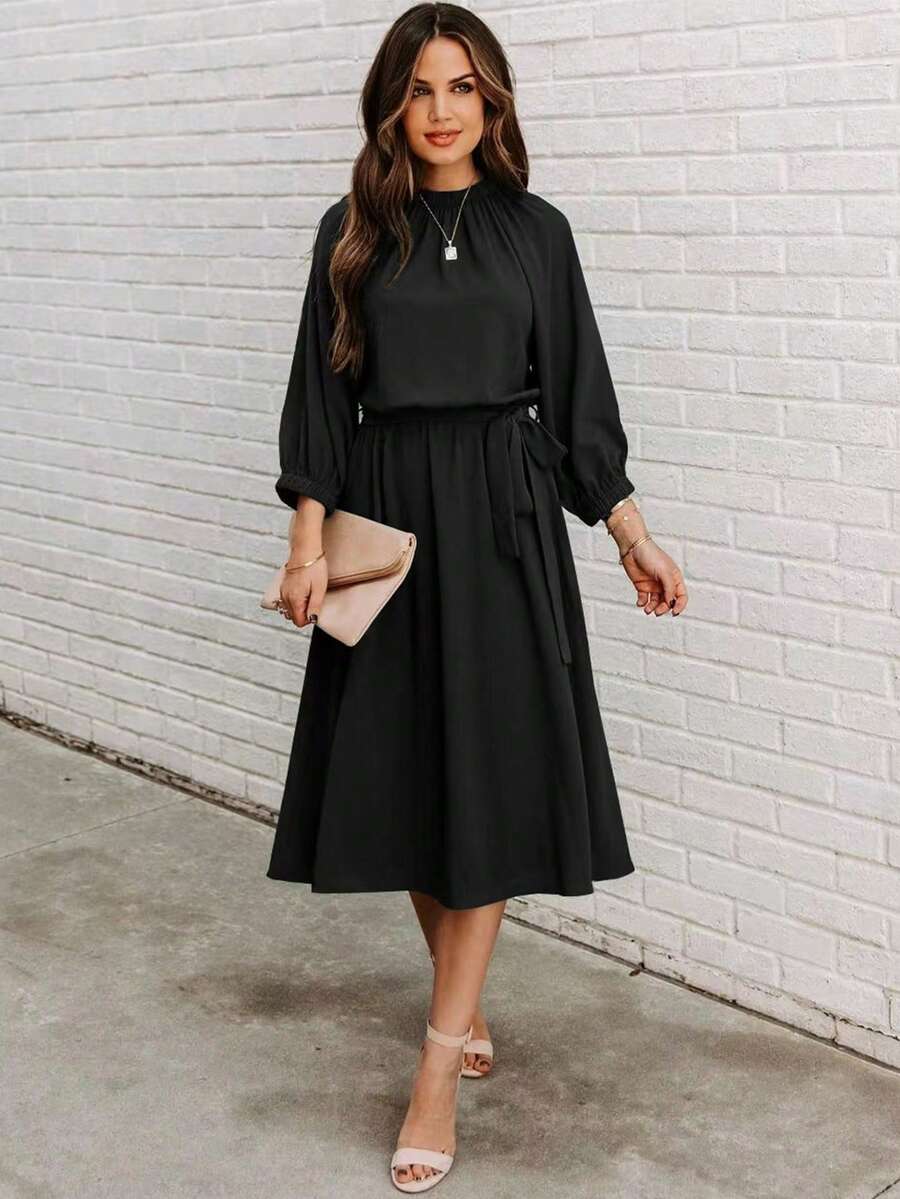Vestido verde de manga larga, corte holgado, para mujer regular - Negro - Ver 1