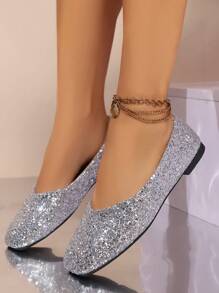 2025 New Arrival High-End Crystal Sequin Square Toe Wedding Shoes, Flat Shallow Bridal Ceremony Shoes, Non-Slip Comfortable, Suitable For Spring And Autumn - Silver - View 3