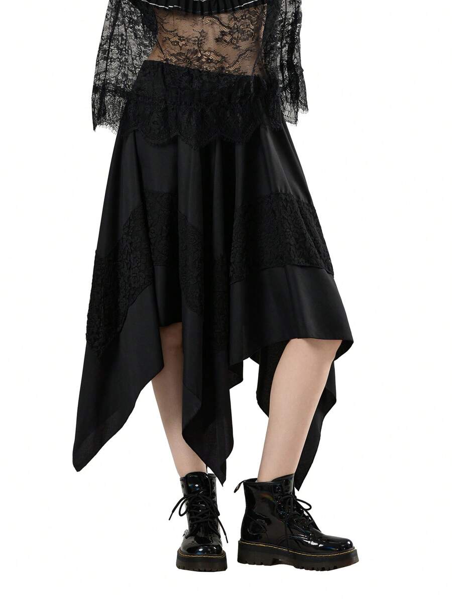 Women's Gothic Steampunk Skirt Vintage Contrast Lace Irregular Skirt Renaissance Skirt Cosplay Costume - màu đen - Xem 1