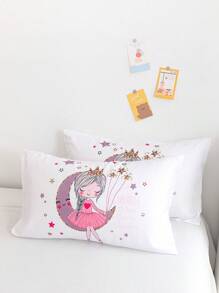 Juego de ropa de cama de 3 piezas con estampado de luna y estrellas para niñas, estilo princesa en colores pastel de poliéster, funda nórdica y funda de almohada, adecuado para todas las estaciones, ideal para el Día de San Valentín