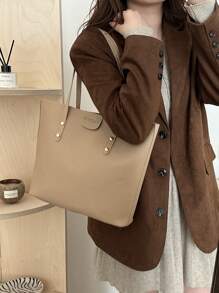 Túi Tote Đeo Vai Đơn Giản, Giản Dị, Nghệ Thuật, Thời Trang, Phong Cách Cổ Điển, Sức Chứa Lớn, Cầm Tay Cho Nữ, 2024 - Màu Khaki - Xem 5