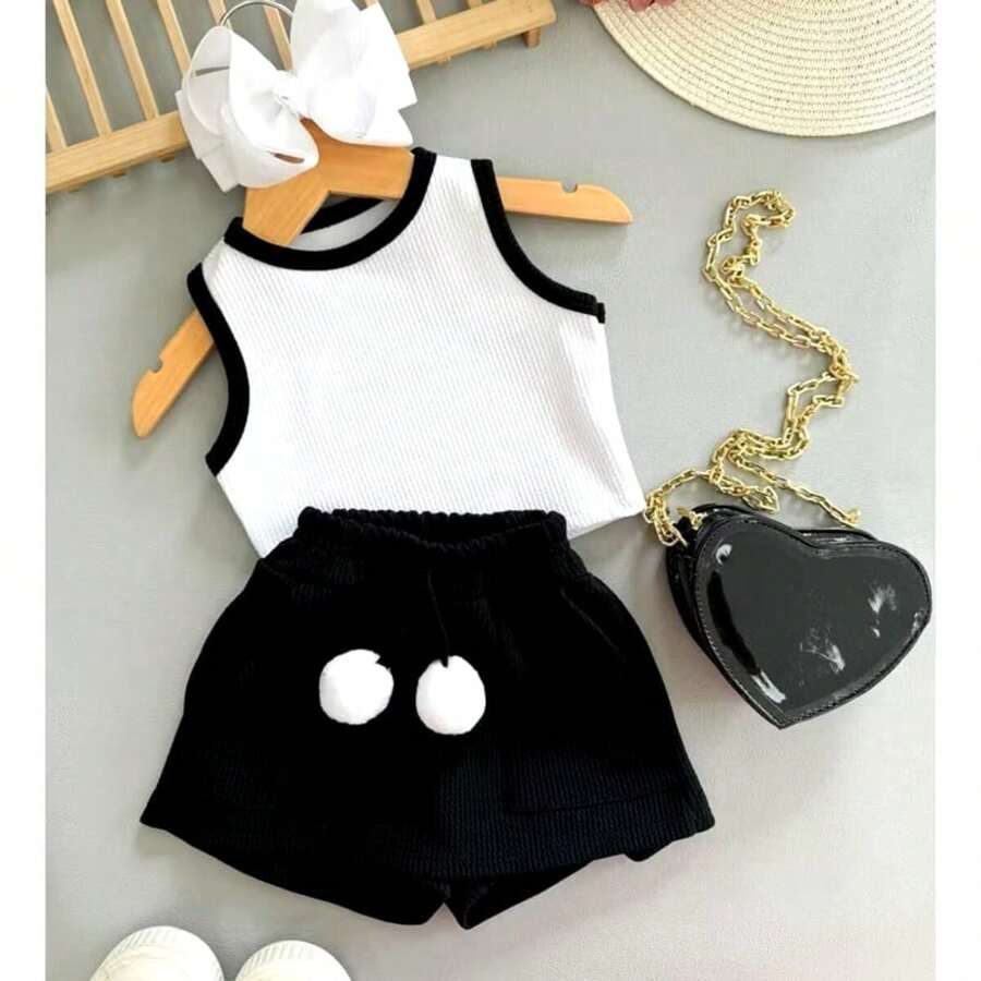 Children's Blogger Set Cropped Shorts Ribbed Skirt Children's Girl Summer - 黑色 - 查看 1