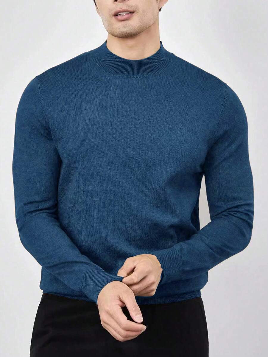 Men's Casual Simple Solid Color Stand Collar Warm Pullover Sweater - Blue - View 1