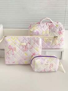 1 chiếc Túi đựng mỹ phẩm đa năng Macaron Color-Block Purple Dreamy Bow, có khóa kéo, mở rộng, hộp đựng đồ trang điểm du lịch di động. Đựng son môi, chì kẻ mày, văn phòng phẩm, đồ du lịch, ngày lễ và sản phẩm làm đẹp - Màu tím - Xem 1