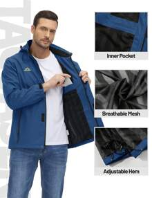 Men's Hooded Raincoat Waterproof Outdoor Hiking Jacket Casual Work Coat Outerwear - 牛仔藍 - 查看 7