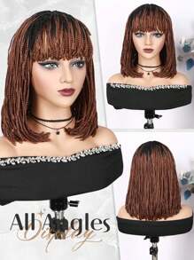 14 Inch Short Braided Wig With Bangs Synthetic Wigs For Women Ombre Brown Wig Braiding Hair Heat Resistant Fiber Glueless Wig Daily Use Cosplay Wig - Brown Ombre - View 2