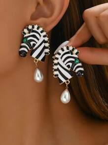 1 对精致斑马珍珠耳环，女士珠宝配饰 - 彩色 - 查看 1