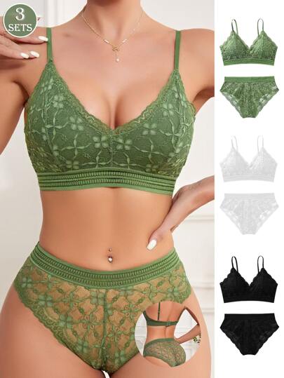 3SETS French Shaped Kanten Flower Detachable Chest Pad Lingerie Bra, Wireless Zachte Cup Breathable Multi BH Underwear Set Underwear. view 6