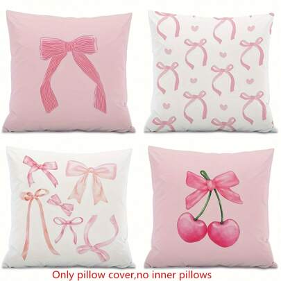 4 Packs Modern Pink Bow Knot Throw Pillow Covers, Soft Peach Skin-Friendly 100% Polyester, Hand Wash Only, Zipper Closure, Woven Decorative Cushion Cases For Various Room Types, 45x45cm - No Insert